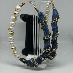 Elegant Pearl and Denim Hoop Earrings